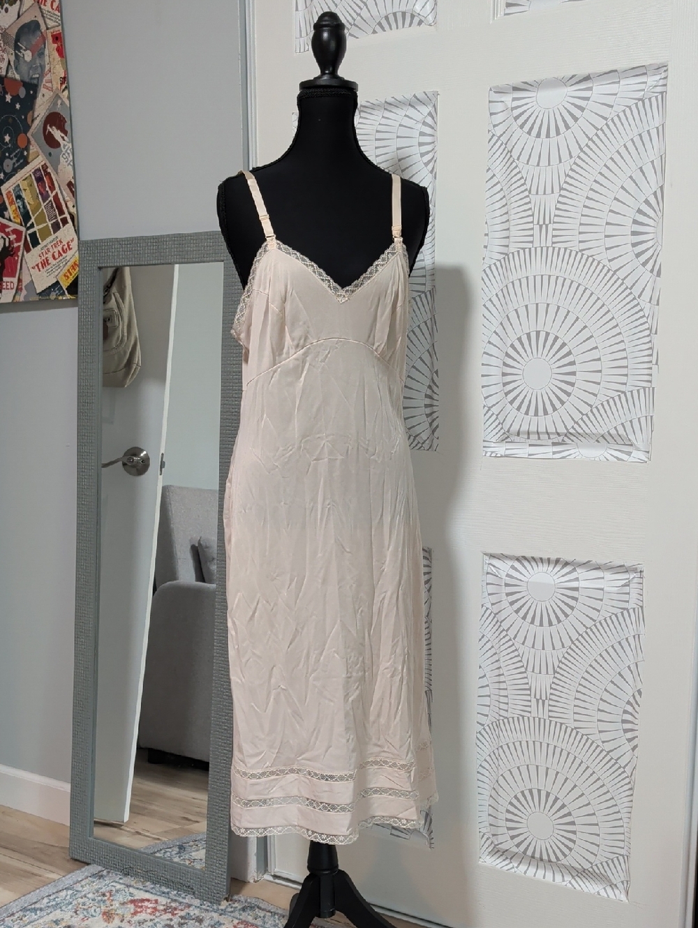 Vintage Soft Women's Long Beige With Lace Trim Slip